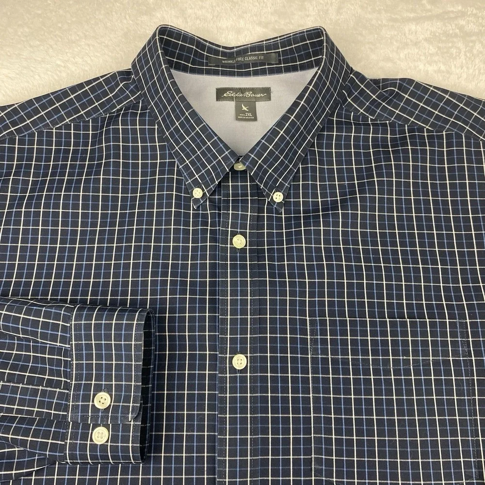Eddie Bauer Shirt Mens 2XL Blue/White Checks Classic Fit Wrinkle Free